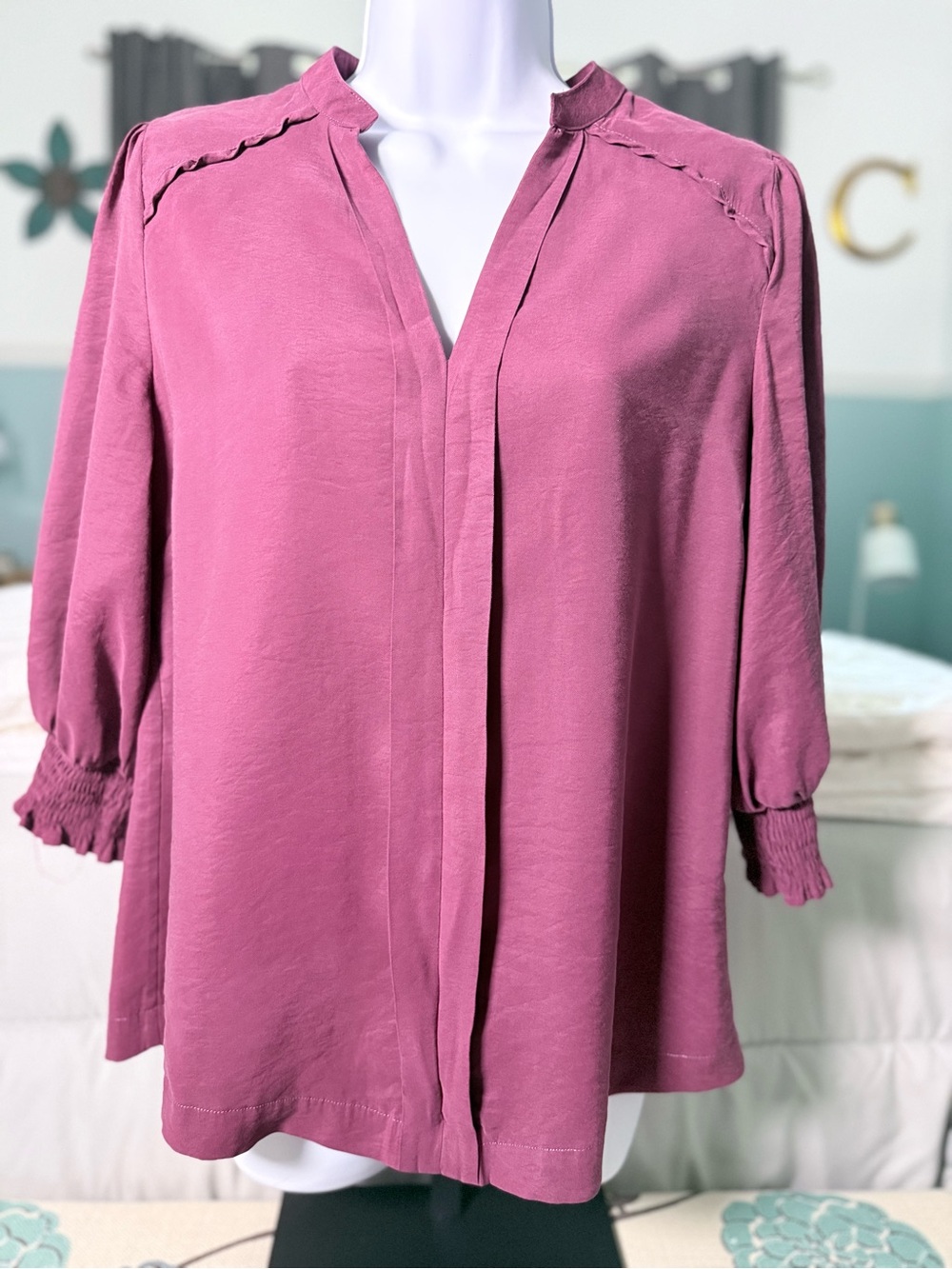 Umgee Raspberry Split-Neck Ruffle Shoulder Blouse